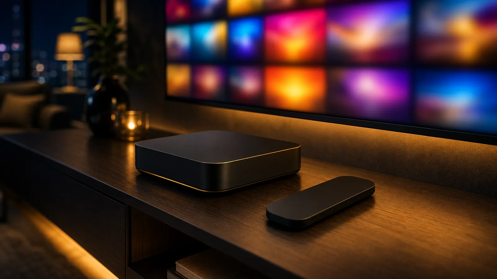 Boîtier IPTV : box de streaming et télécommande sous un grand téléviseur 4K